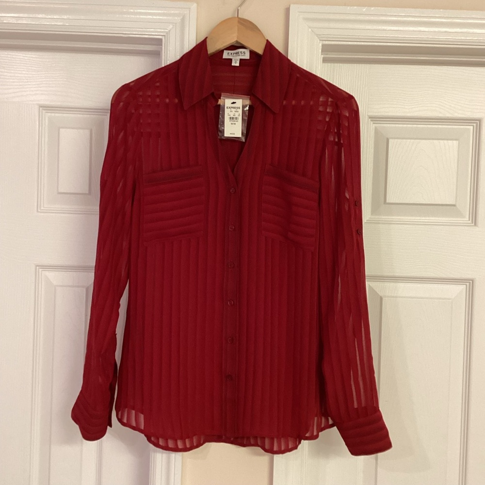 Express Red Sheer Striped Portofino Top - Picture 3 of 8
